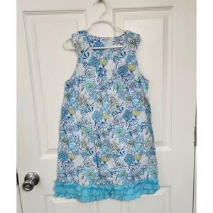 Hartstrings Girls Blue Coastal Shell Print Ruffle Hem Cotton Dress Size 10